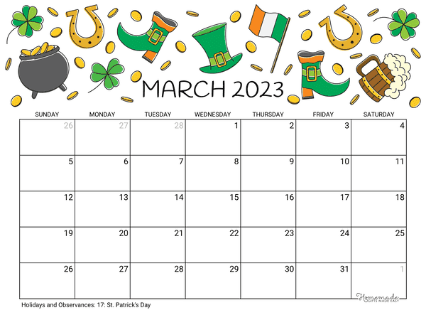 March Calendar 2023 Printable St Patricks Day Landscape