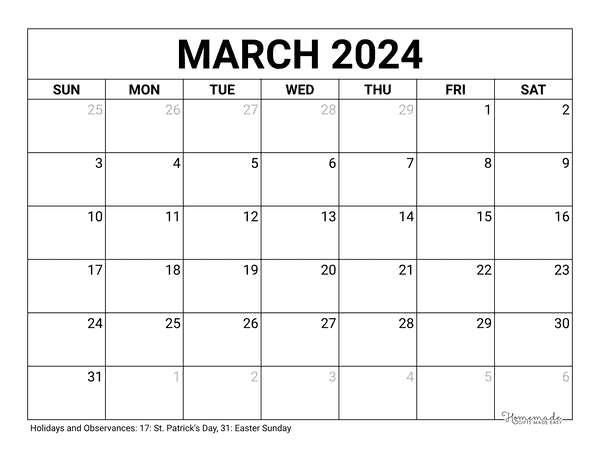 March Calendar 2024 Printable Blank