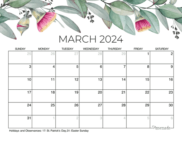 March Calendar 2024 Printable Eucalyptus