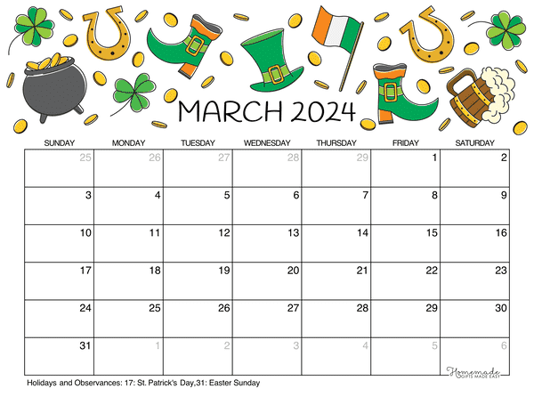 March Calendar 2024 Printable St Patricks Day Landscape