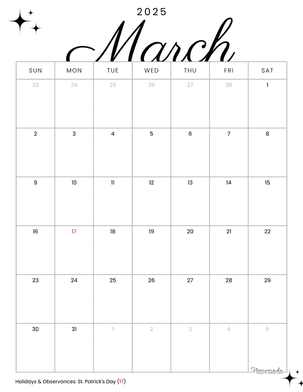 March Calendar 2025 Elegant Minimalist Portrait