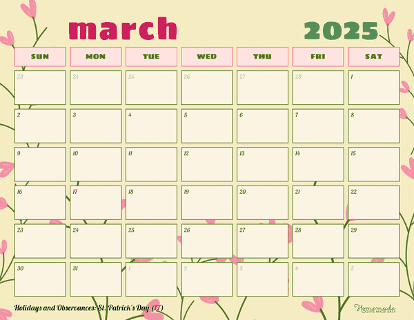 March Calendar 2025 Floral Pink and Green