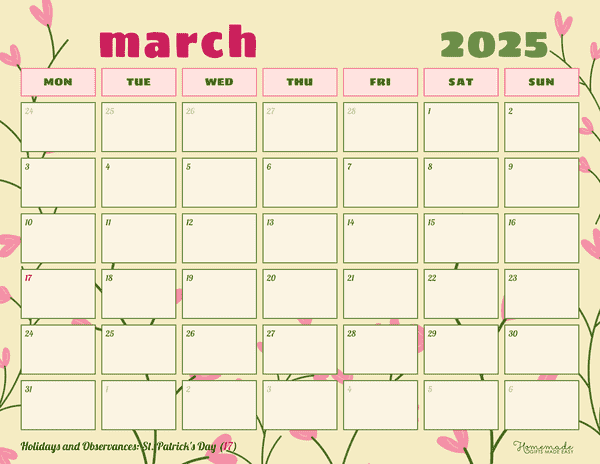 March Calendar 2025 Floral Pink and Green Mon Start