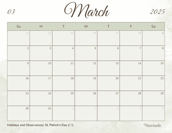 March Calendar 2025 Minimalist Watercolor