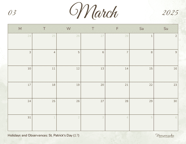 March Calendar 2025 Minimalist Watercolor Mon Start