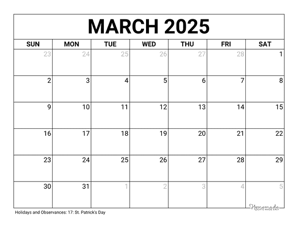 March Calendar 2025 Printable Blank