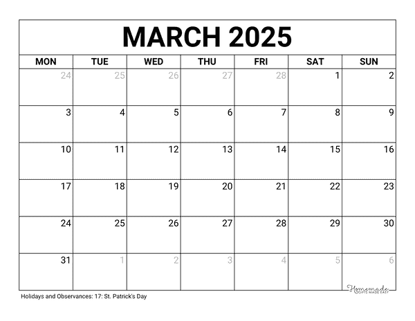 March Calendar 2025 Printable Blank Monday Start