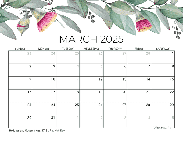 march Calendar 2025 Printable Eucalyptus