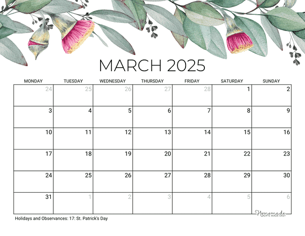 March Calendar 2025 Printable Eucalyptus Monday Start