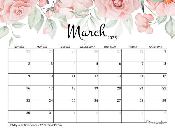 march Calendar 2025 Printable Rose