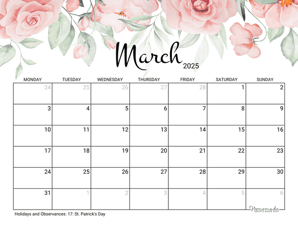 March Calendar 2025 Printable Rose Monday Start
