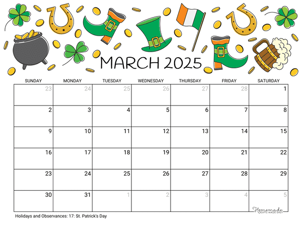 March Calendar 2025 Printable St Patricks Day Landscape
