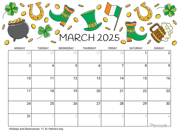March Calendar 2025 Printable St Patricks Day Landscape Monday Start
