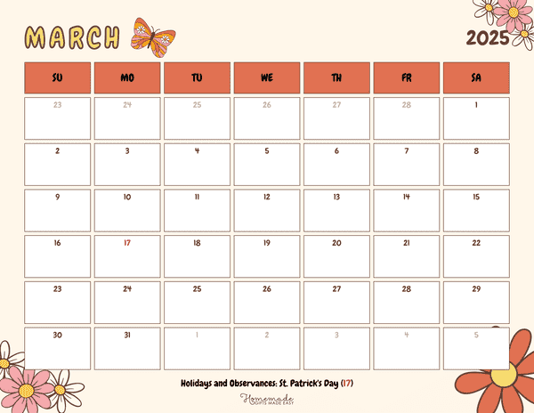 March Calendar 2025 Retro Spring