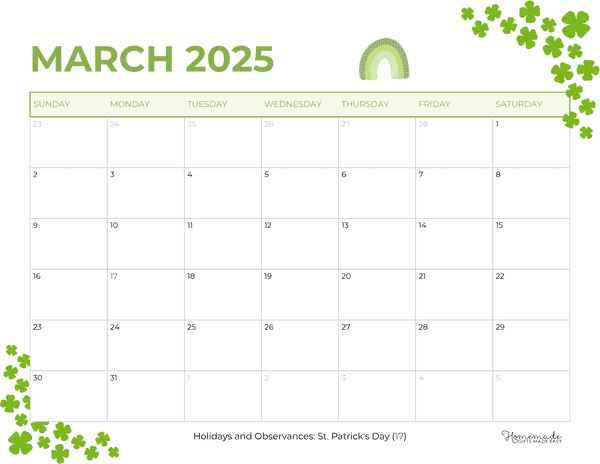 March Calendar 2025 Simple Green