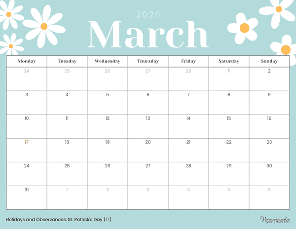 March Calendar 2025 Simple Pastel Flowers Mon Start