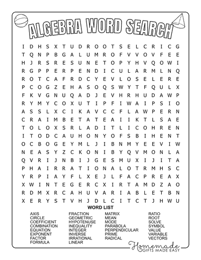 Math Word Search Algebra Hard