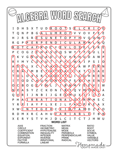 Math Word Search Algebra Hard Answers