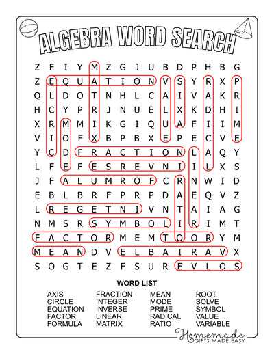 Math Word Search Algebra Medium Answers