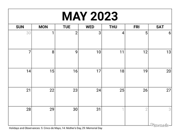 May 2023 Calendar Printable With Holidays Get Calender 2023 Update