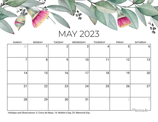 May Calendar 2023 Printable Eucalyptus