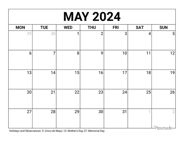 May Calendar 2024 Printable Blank Monday Start