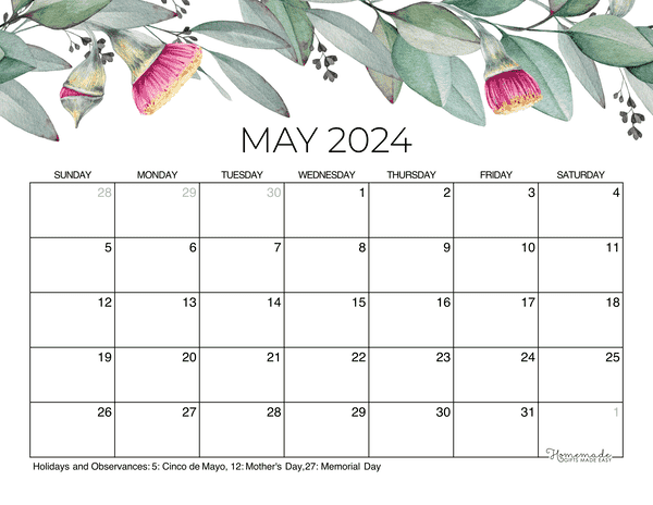 May Calendar 2024 Printable Eucalyptus
