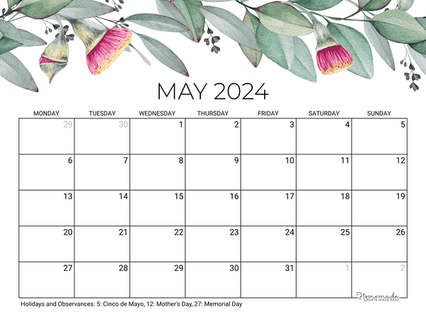 May Calendar 2024 Printable Eucalyptus Monday Start