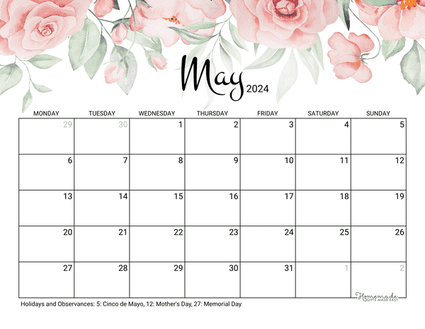 May Calendar 2024 Printable Rose Monday Start
