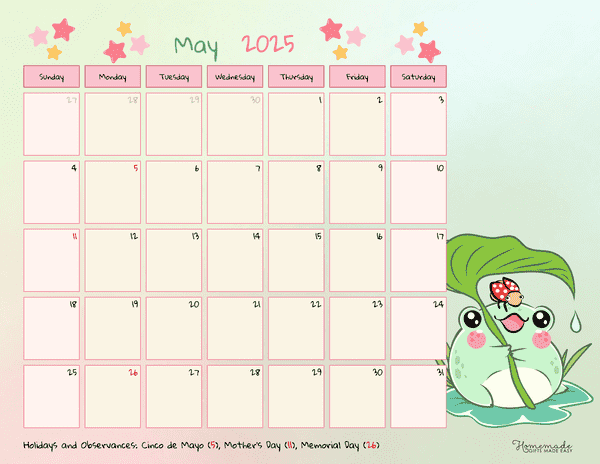 May Calendar 2025 Cream Cute Frog