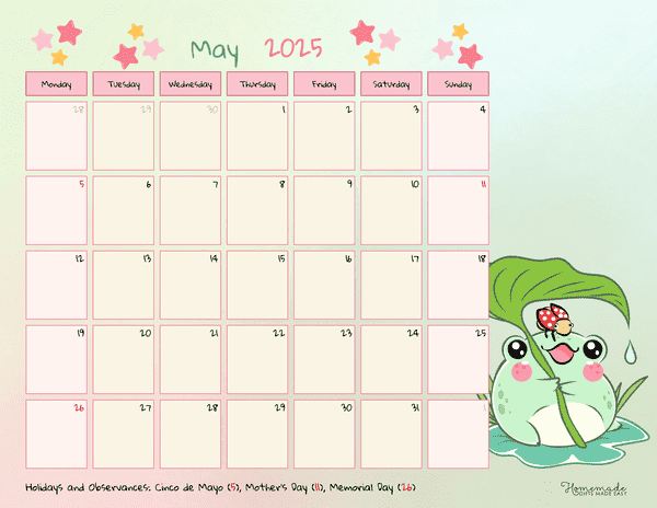 May Calendar 2025 Cream Cute Frog Monday Start