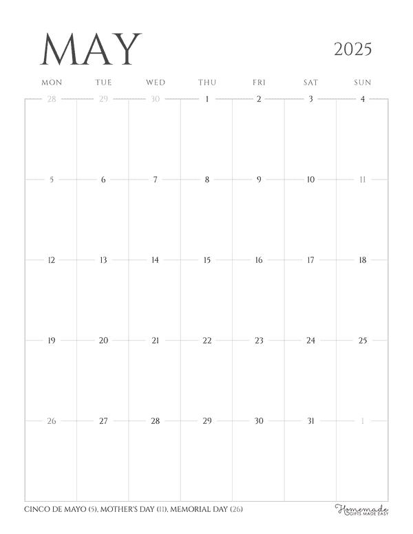 May Calendar 2025 Grayscale Minimalist Portrait Mon Start