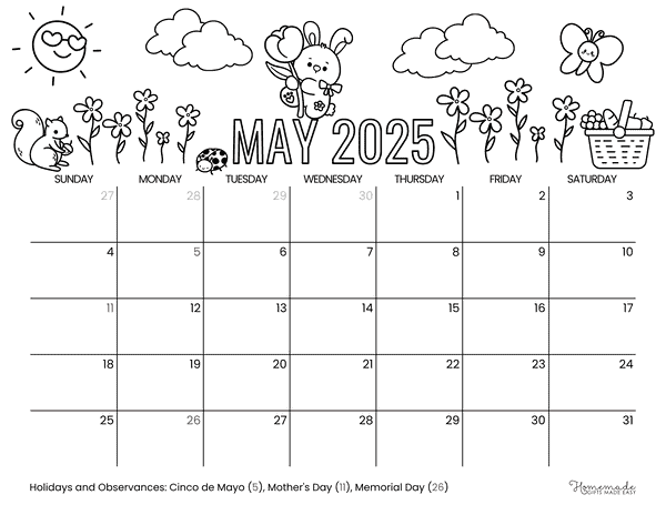 May Calendar 2025 May Calendar to Color