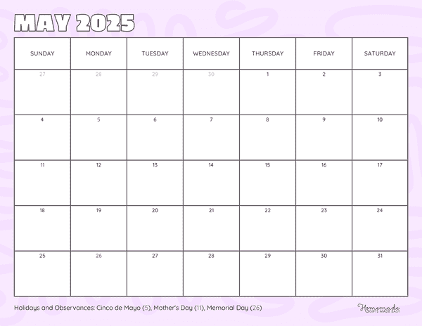 May Calendar 2025 Minimalist Lilac