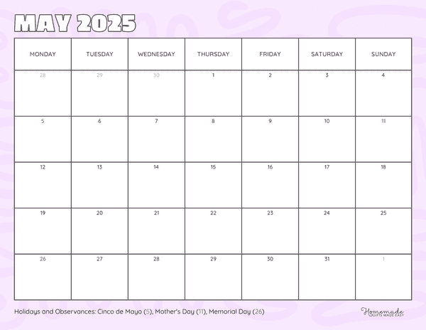 May Calendar 2025 Minimalist Lilac Monday Start