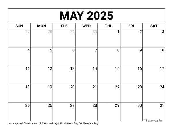 May Calendar 2025 Printable Blank