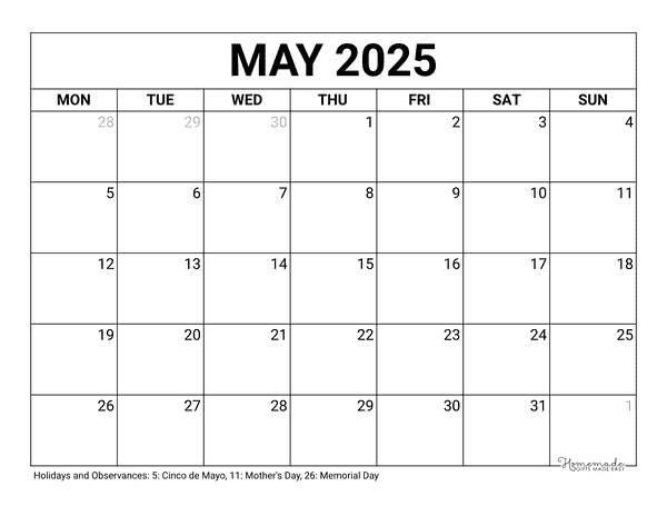 May Calendar 2025 Printable Blank Monday Start