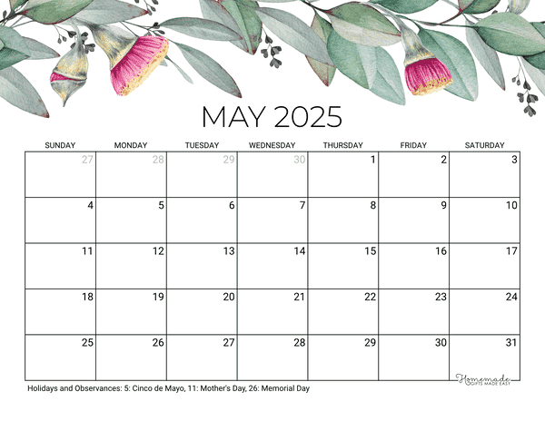 may Calendar 2025 Printable Eucalyptus