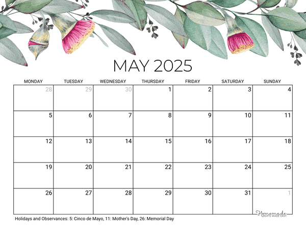 May Calendar 2025 Printable Eucalyptus Monday Start