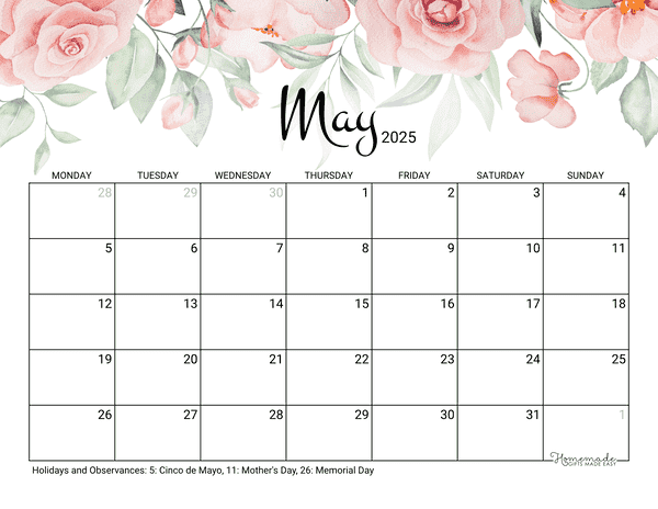 May Calendar 2025 Printable Rose Monday Start