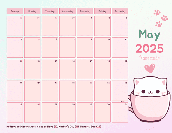 May Calendar 2025 Simple Colorful Cat