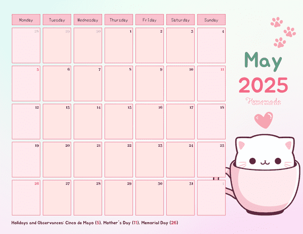 May Calendar 2025 Simple Colorful Cat Monday Start