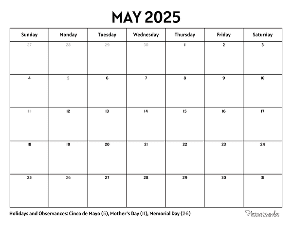 May Calendar 2025 Simple Minimalism