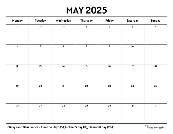 May Calendar 2025 Simple Minimalism Monday Start