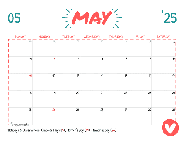 May Calendar 2025 Simple Playful