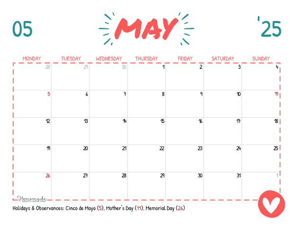 May Calendar 2025 Simple Playful Mon Start