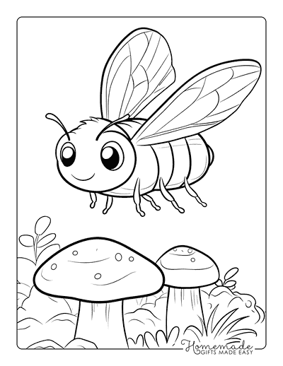 Mushroom Coloring Pages Cute Bee and Mushrooms