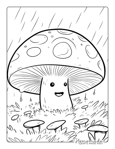 Mushroom Coloring Pages Cute Happy Shroom in Rain