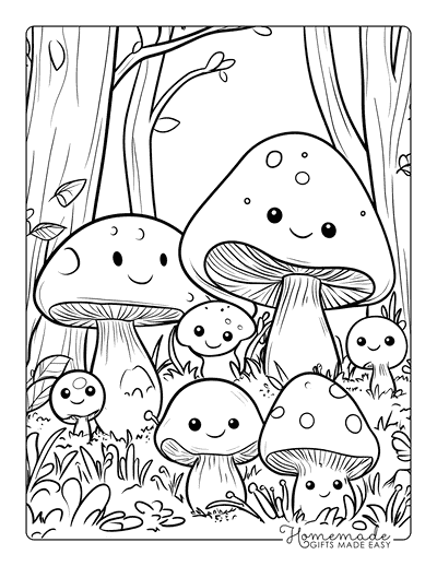 Mushroom Coloring Pages Kawaii Mushroom Family