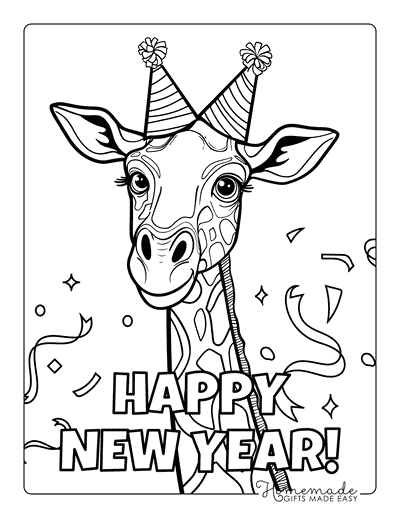 New Year Coloring Pages Happy New Year 2025 Giraffe Wearing Party Hats